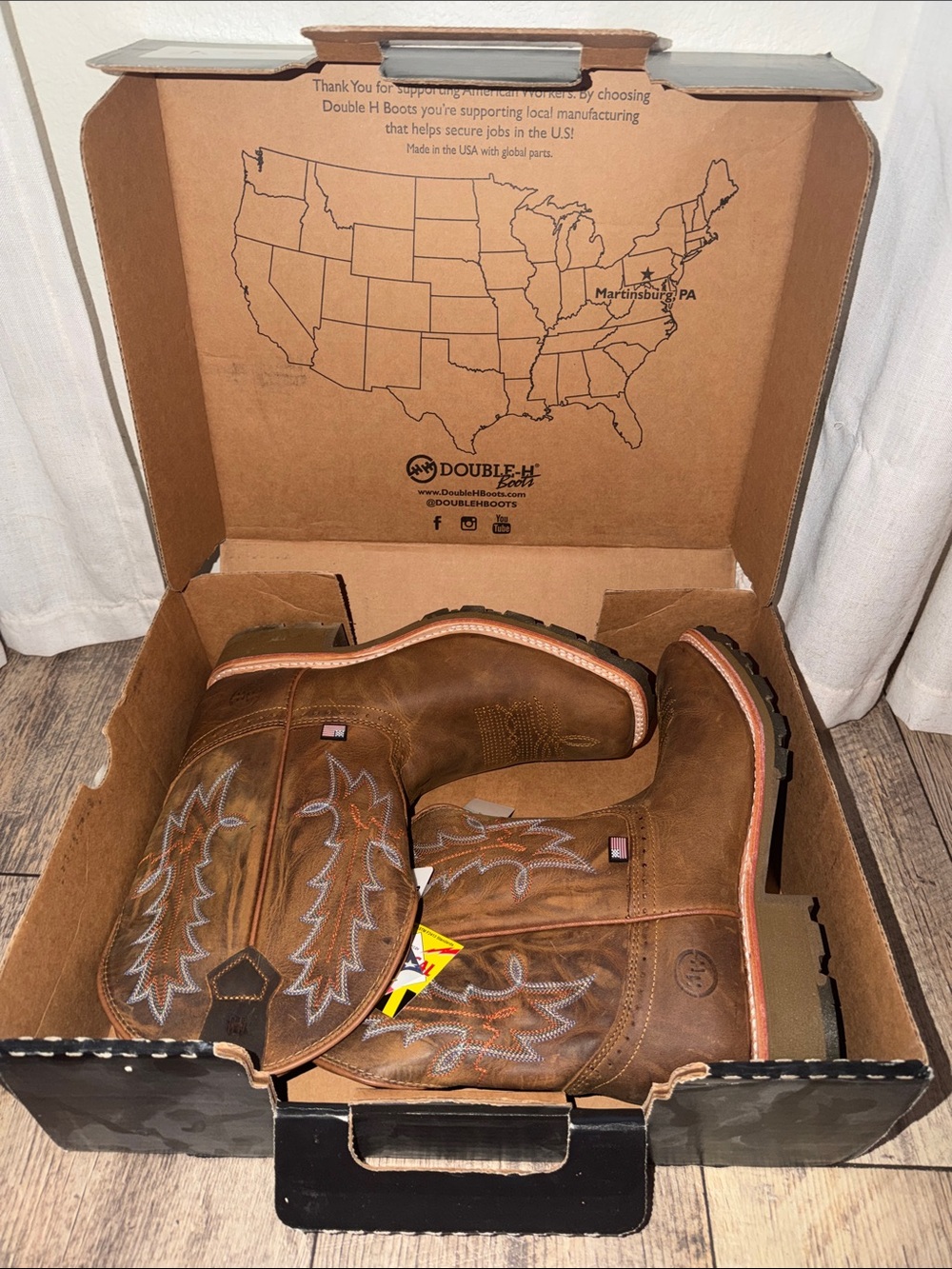 NWT Double H Brown Leather Cowboy Boots with Embroidered Shaft WORKWEAR SOLES - Picture 4 of 4
